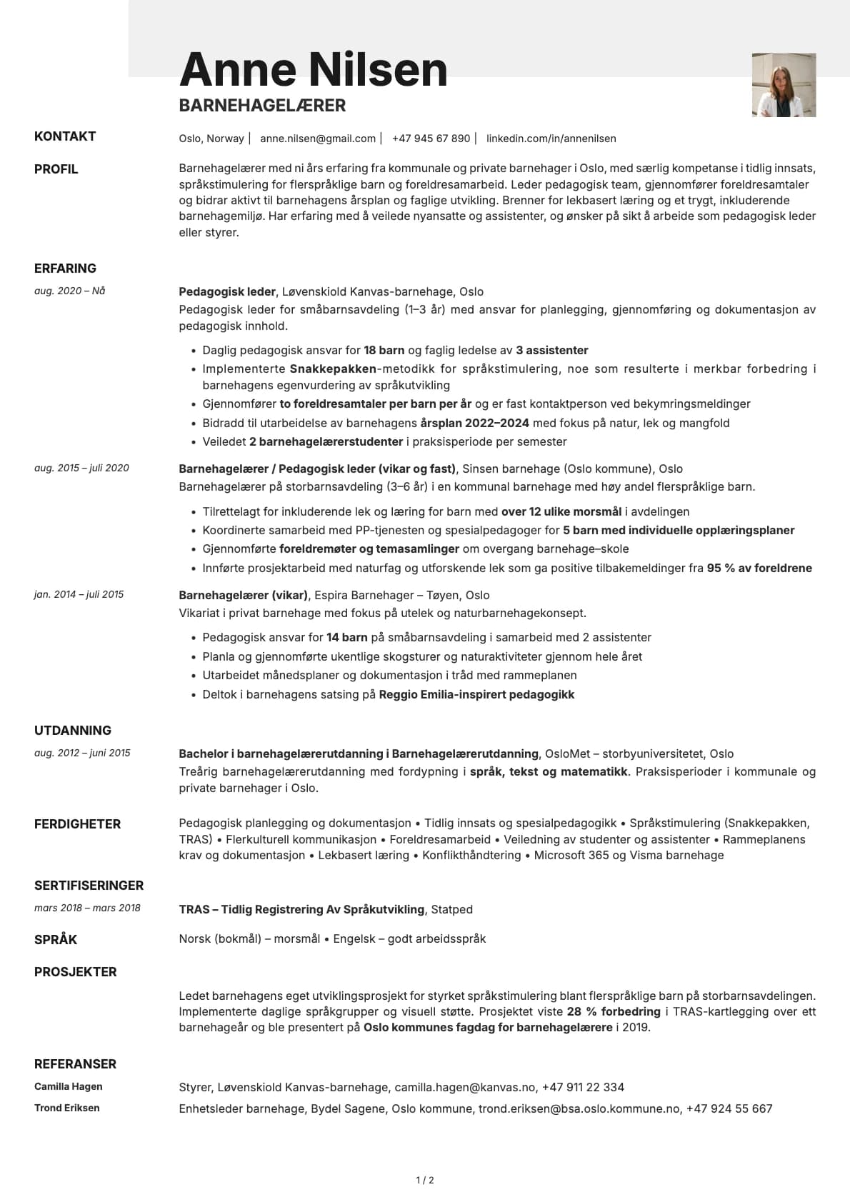 Barnehagelærer resume example