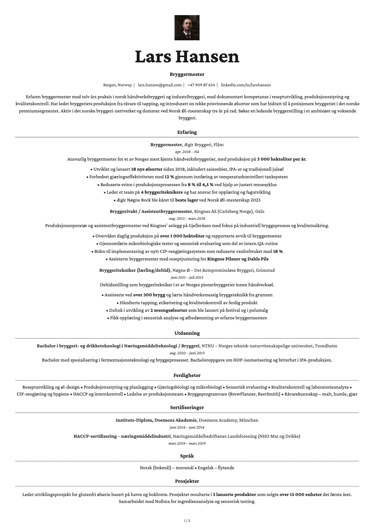 Bryggermester resume example