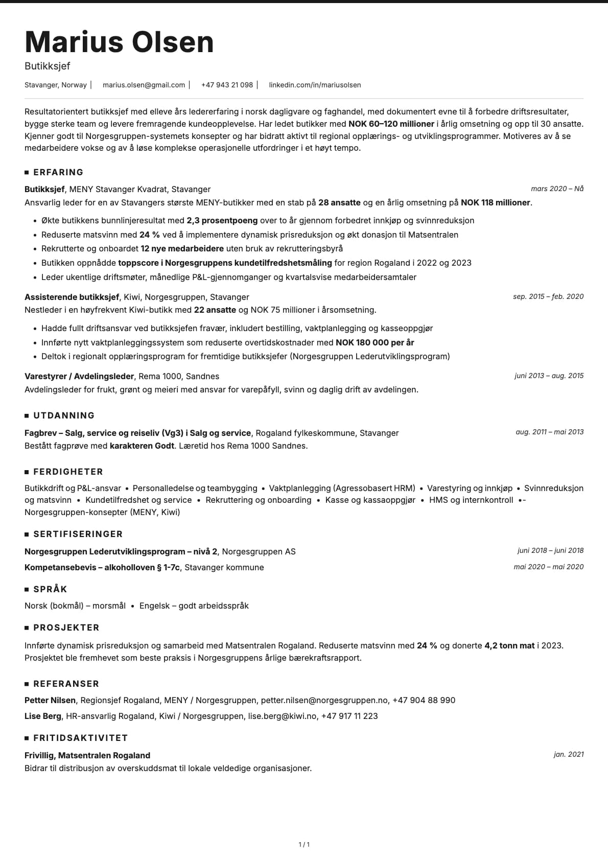 Butikksjef resume example