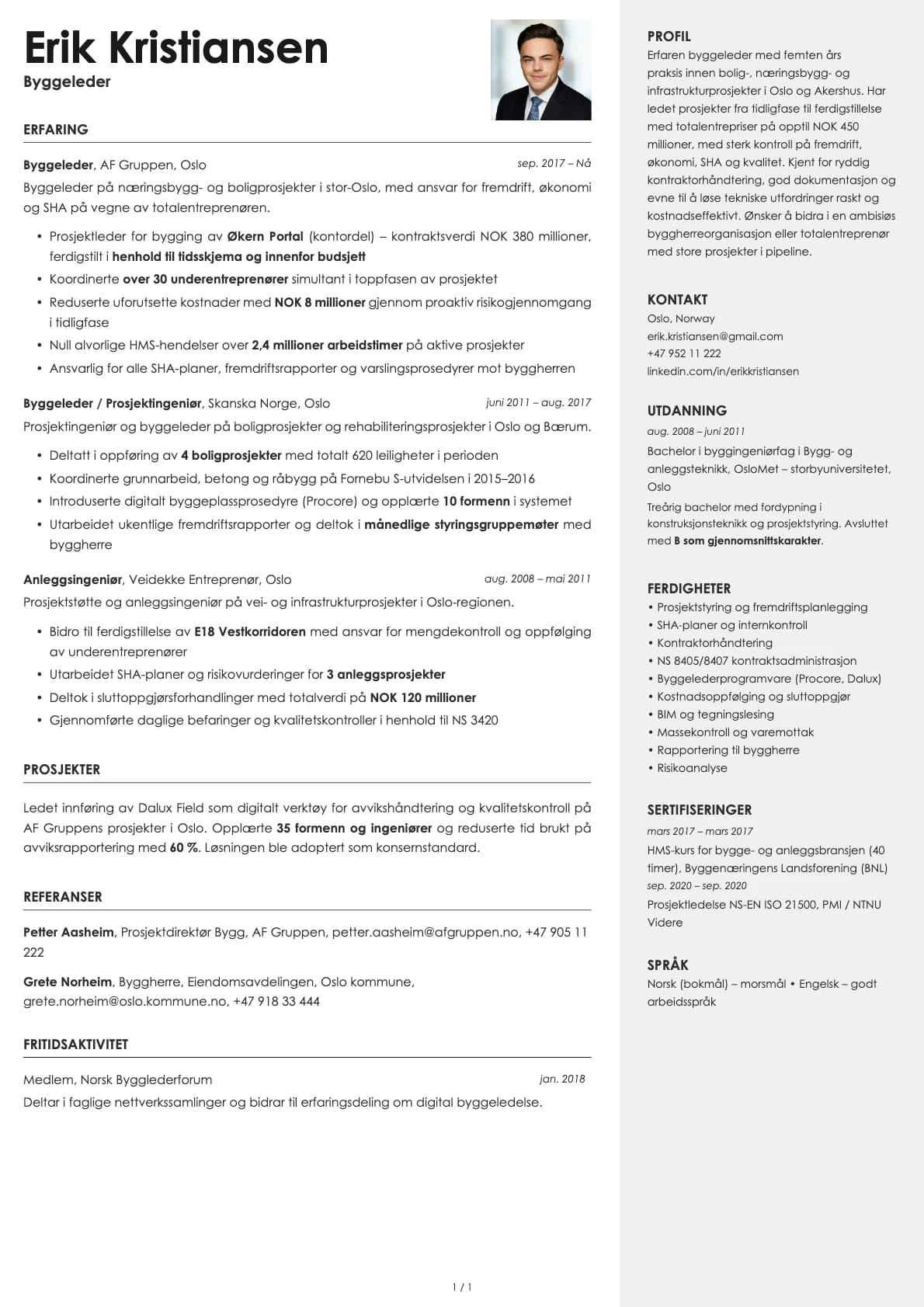 Byggeleder resume example