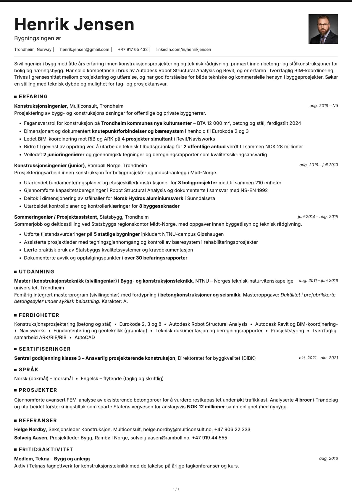 Bygningsingeniør resume example