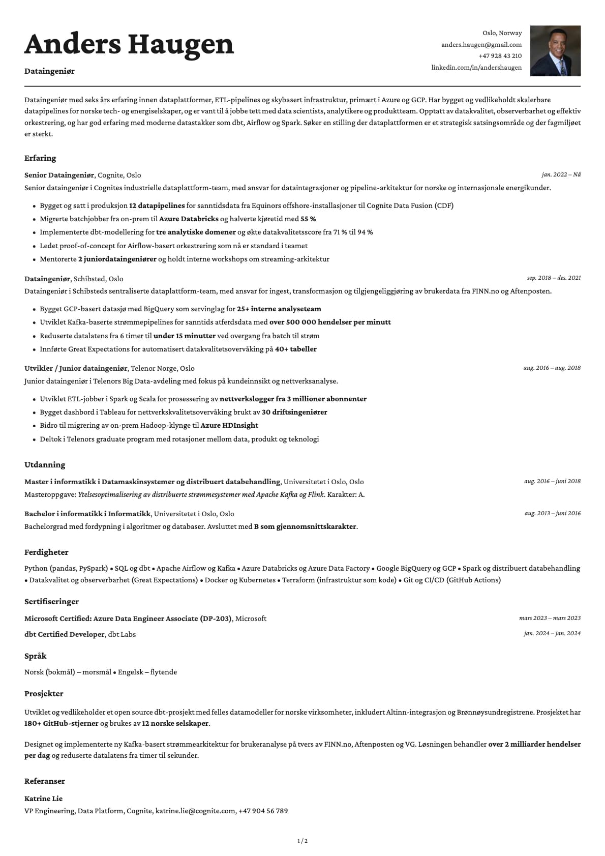 Dataingeniør resume example