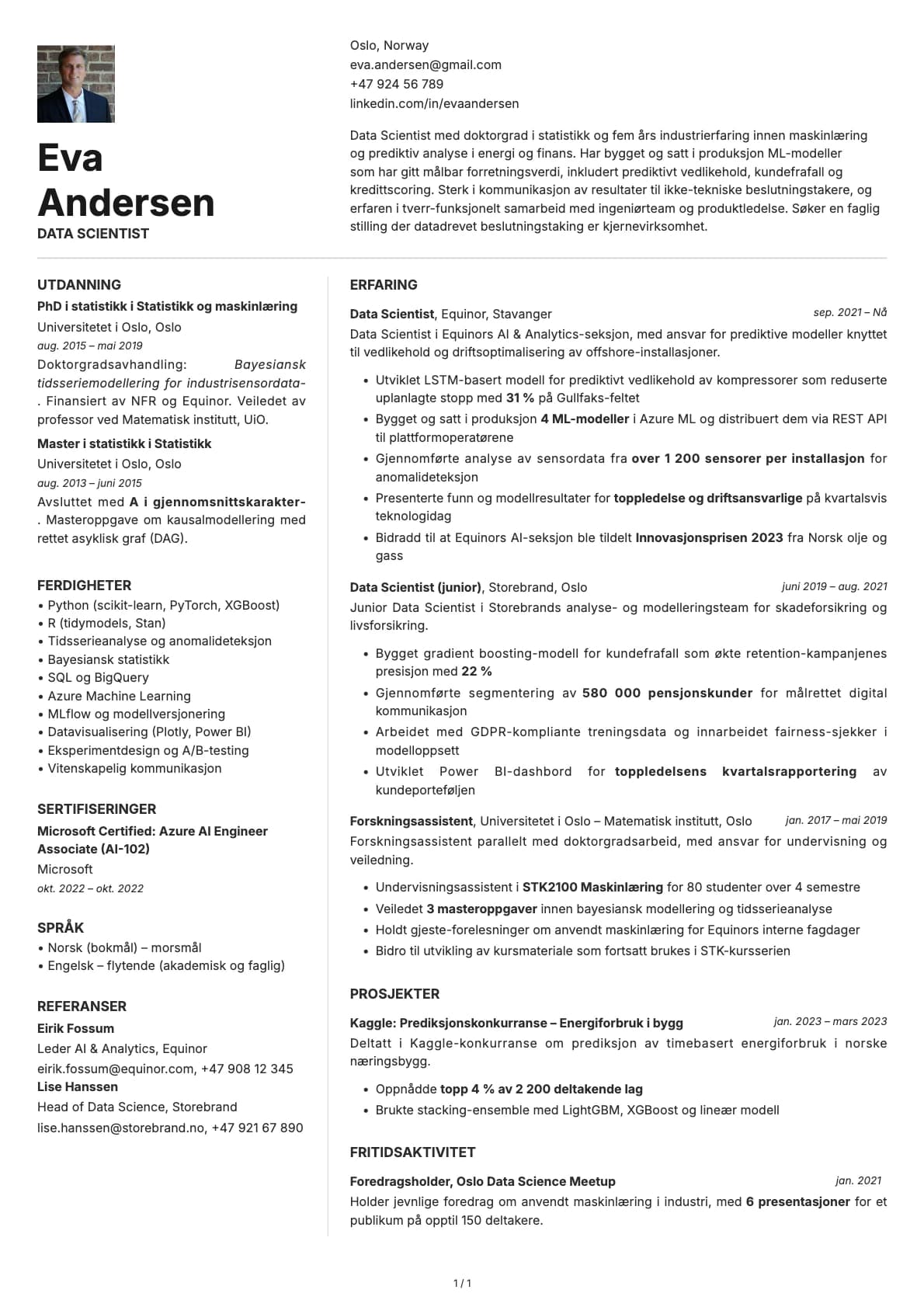 Datavitenskap resume example