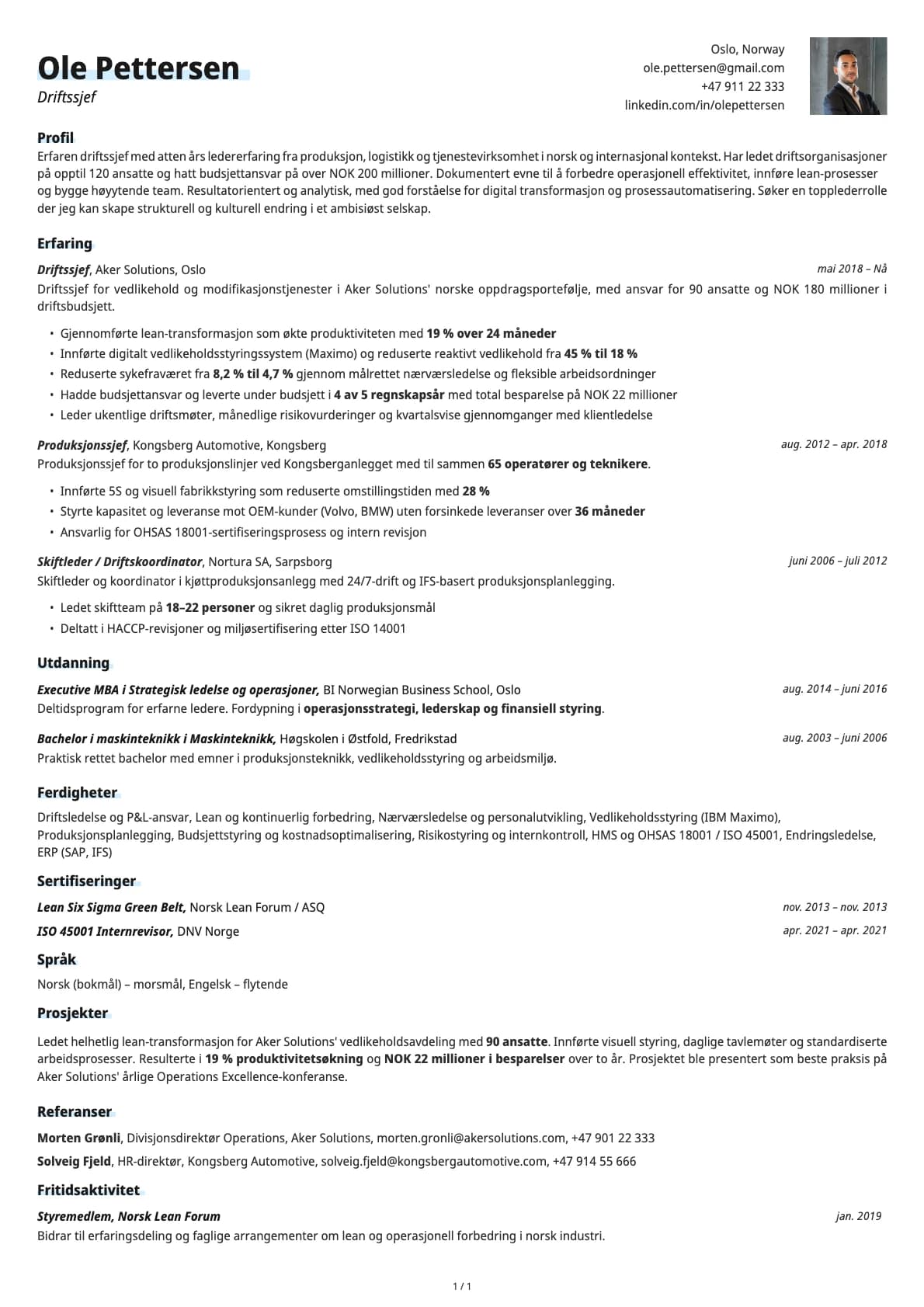 Driftssjef resume example