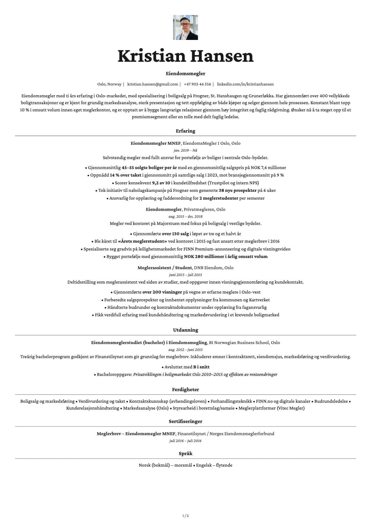 Eiendomsmegler resume example