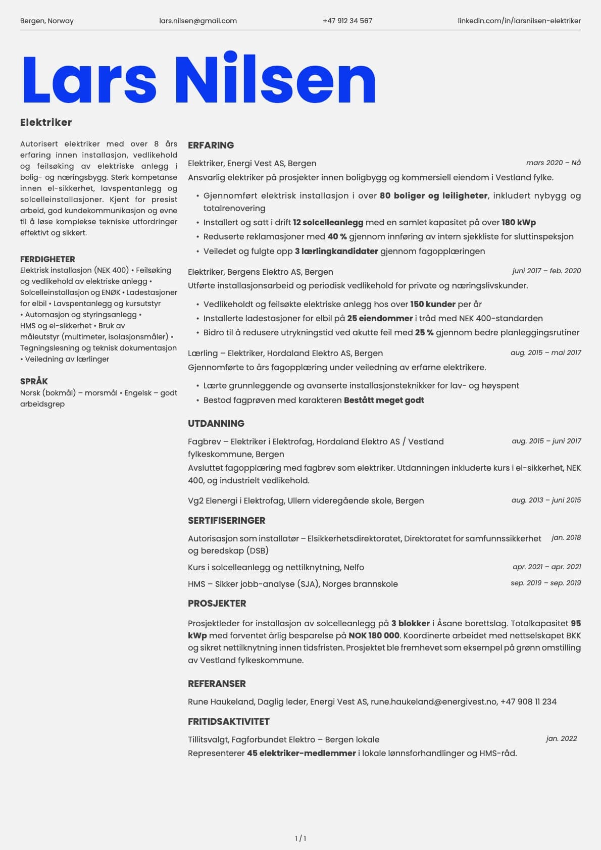 Elektriker resume example