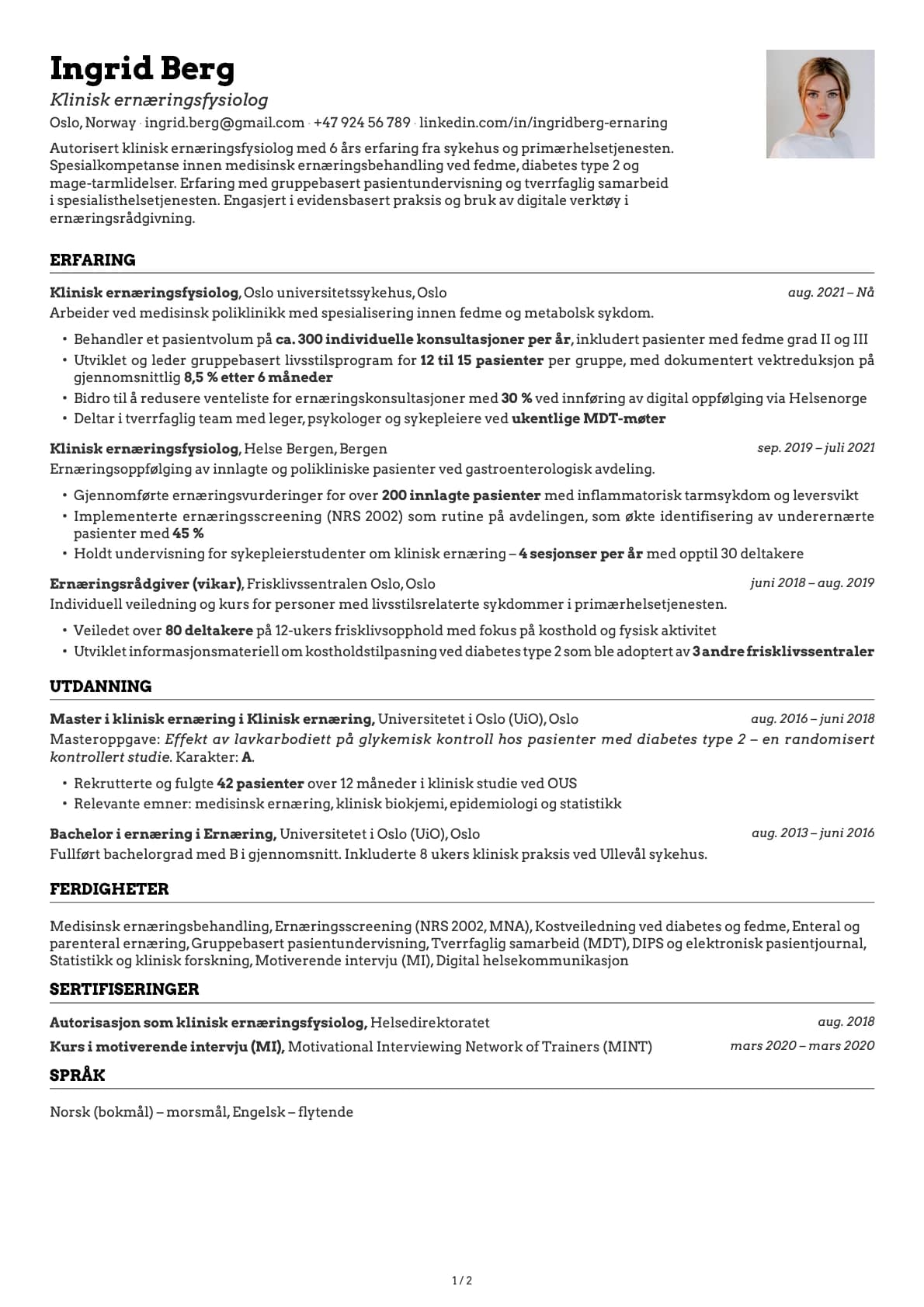 Klinisk ernæringsfysiolog resume example