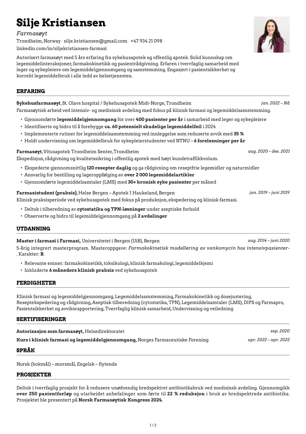 Farmasøyt resume example