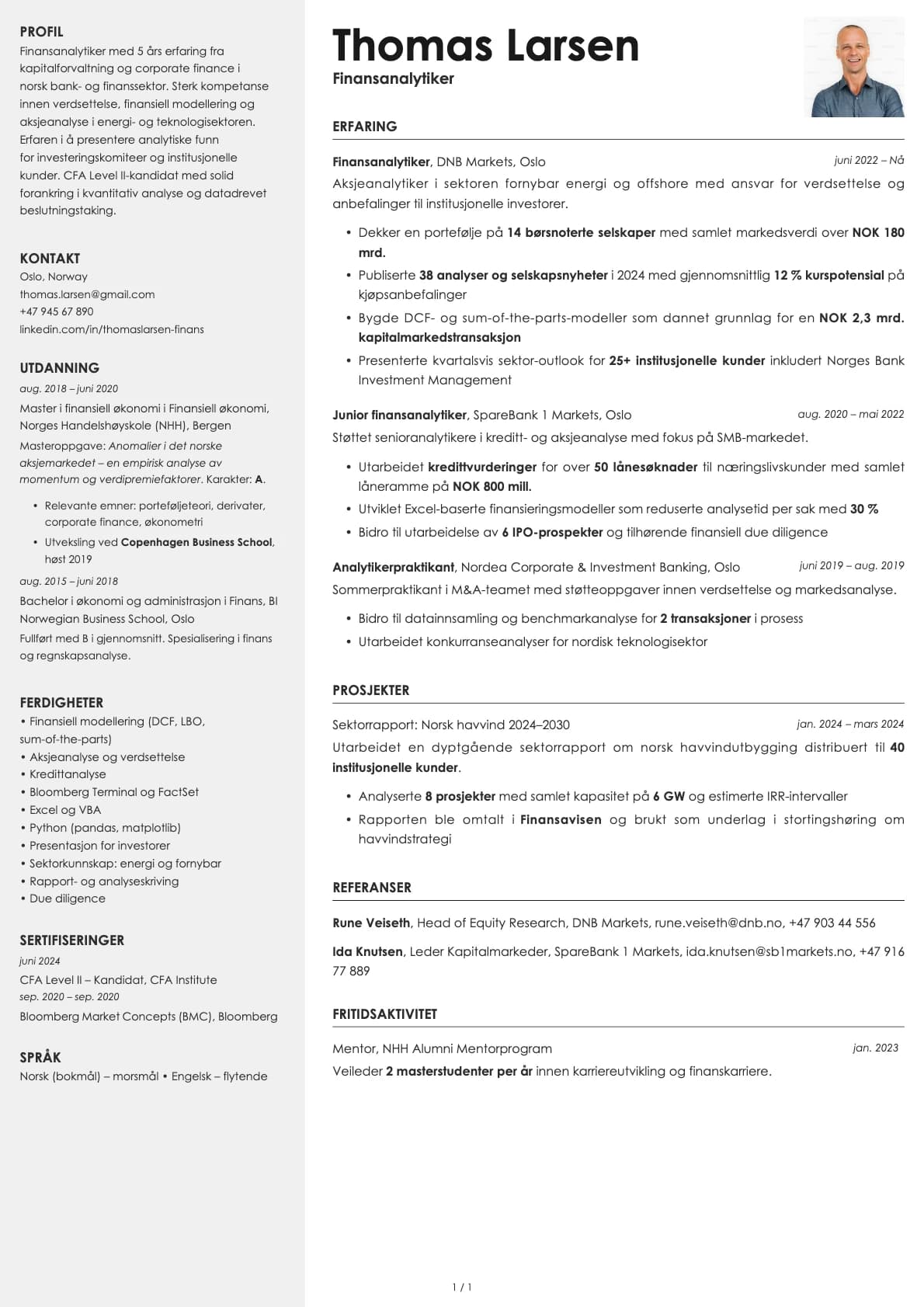 Finansanalytiker resume example