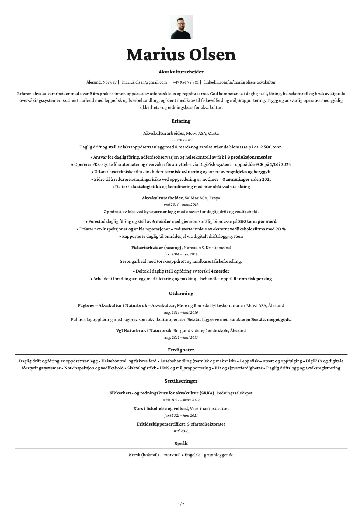 Akvakulturarbeider resume example