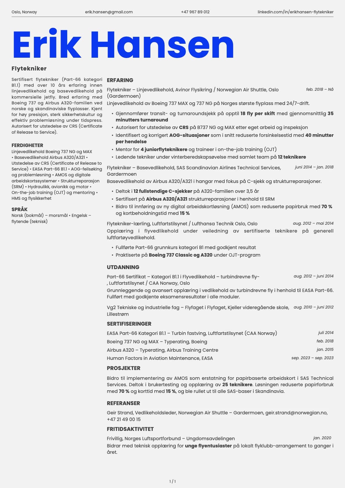 Flytekniker resume example