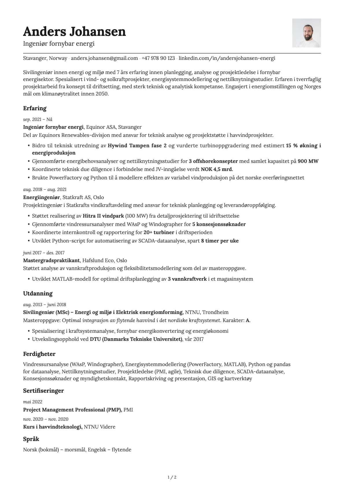 Ingeniør fornybar energi resume example