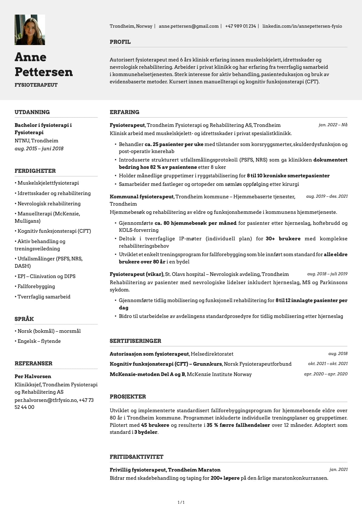 Fysioterapeut resume example