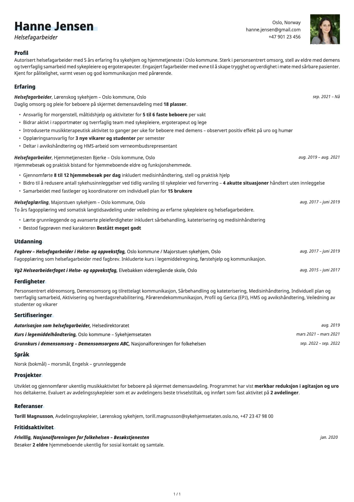 Helsefagarbeider resume example