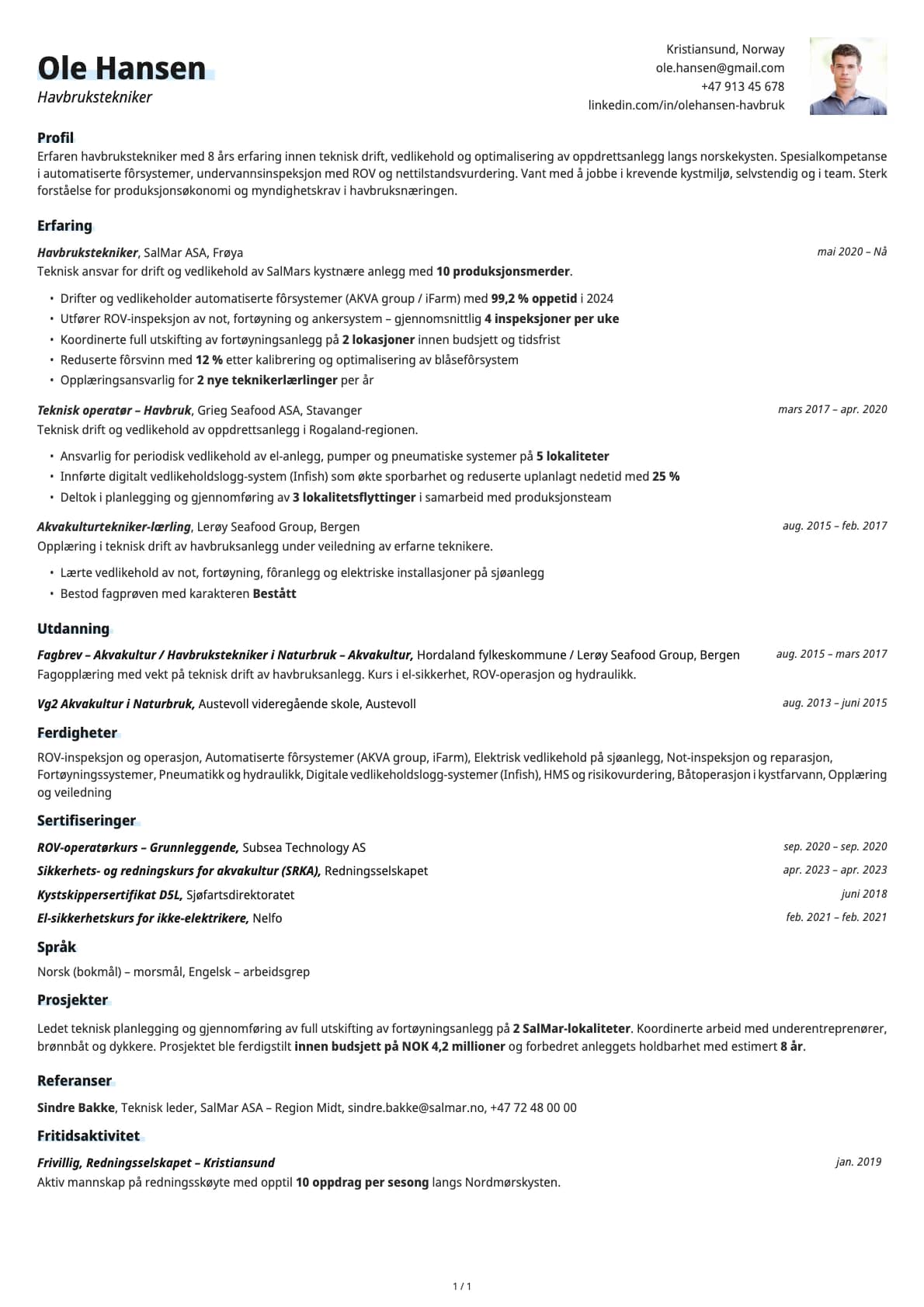 Havbrukstekniker resume example