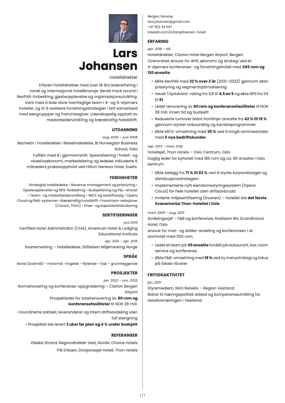 Hotelldirektør resume example