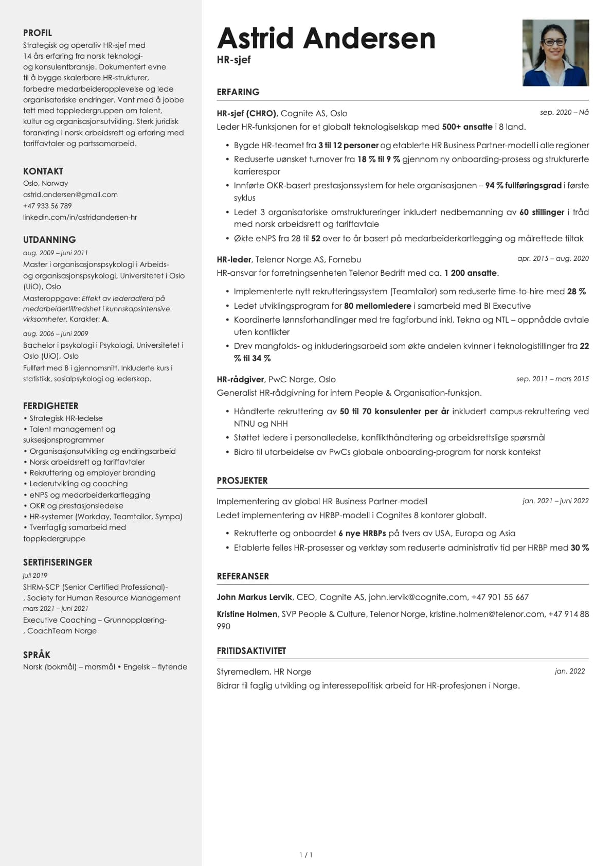 HR sjef resume example