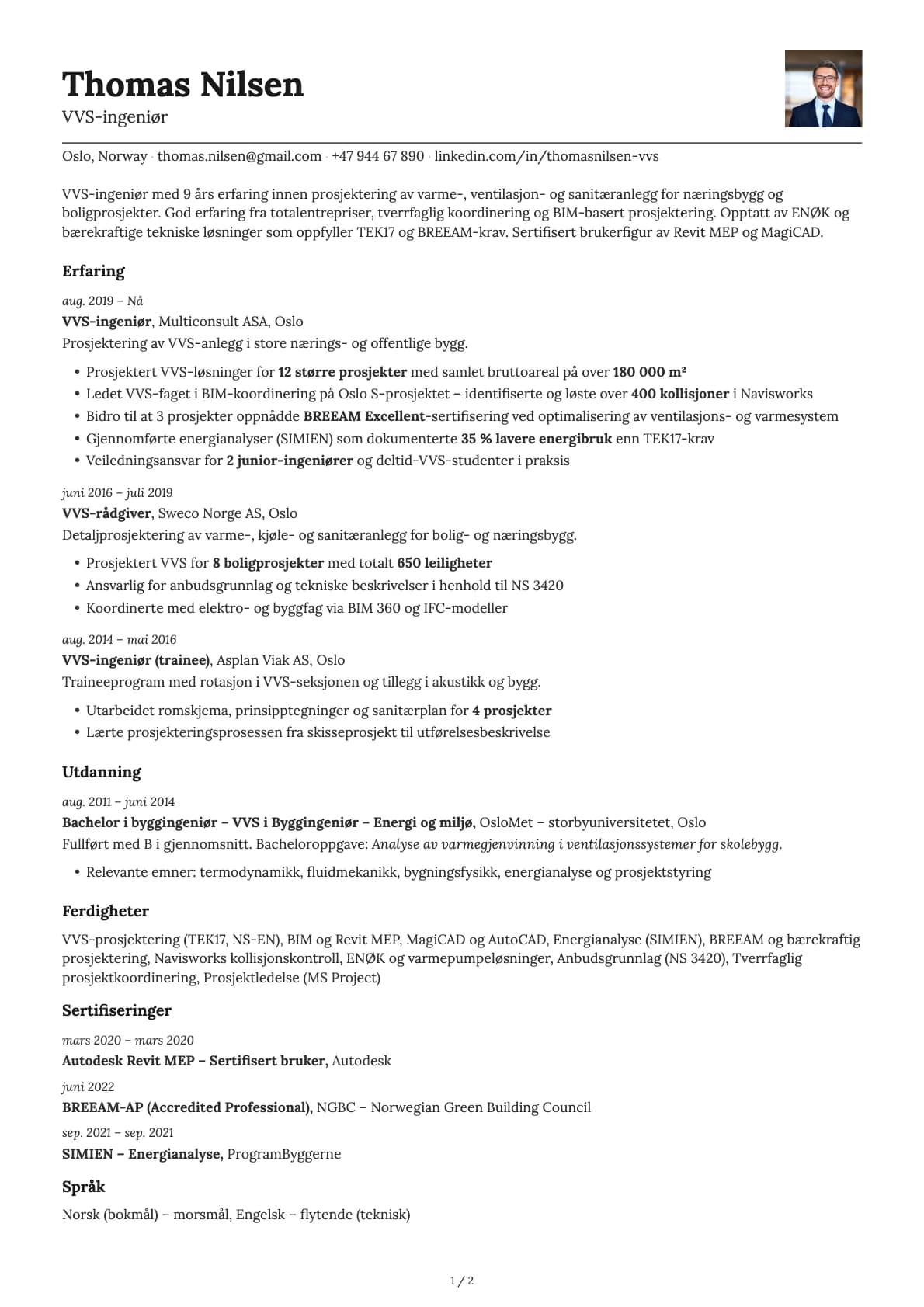 VVS ingeniør resume example