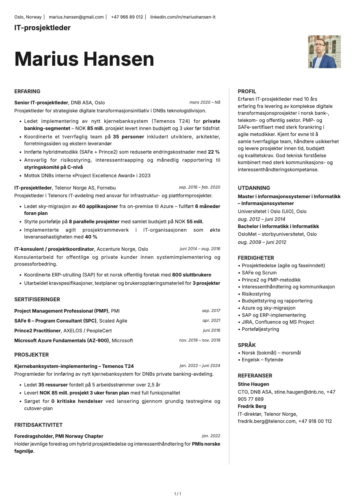 IT prosjektleder resume example