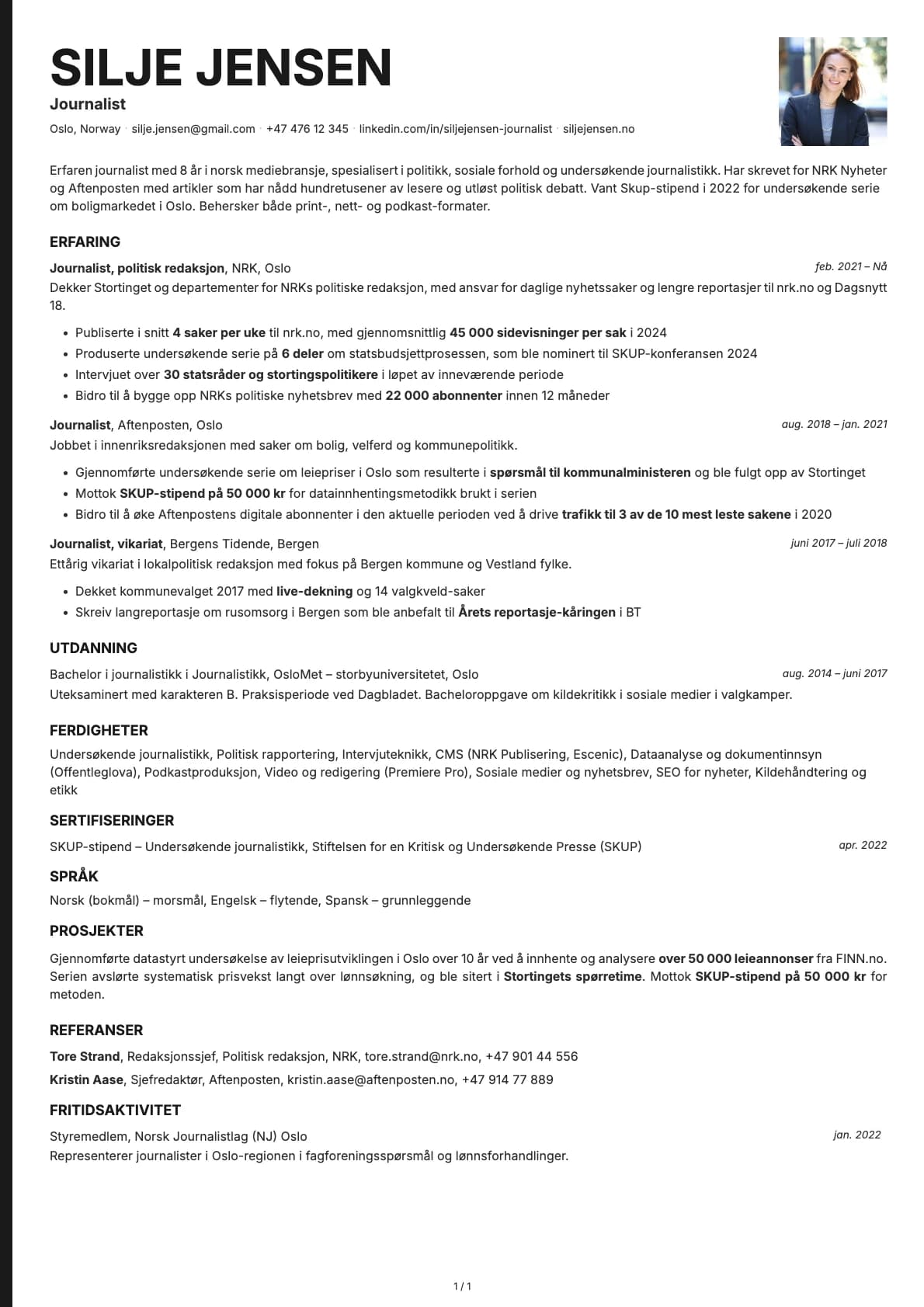 Journalist resume example