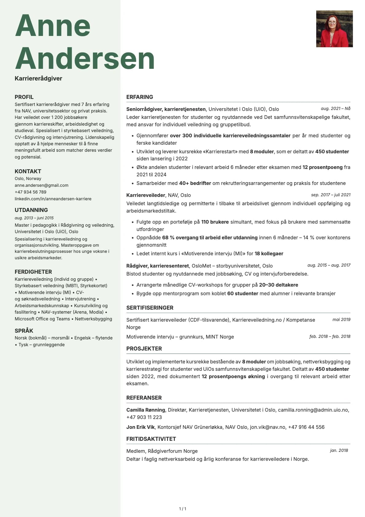 Karriererådgiver resume example