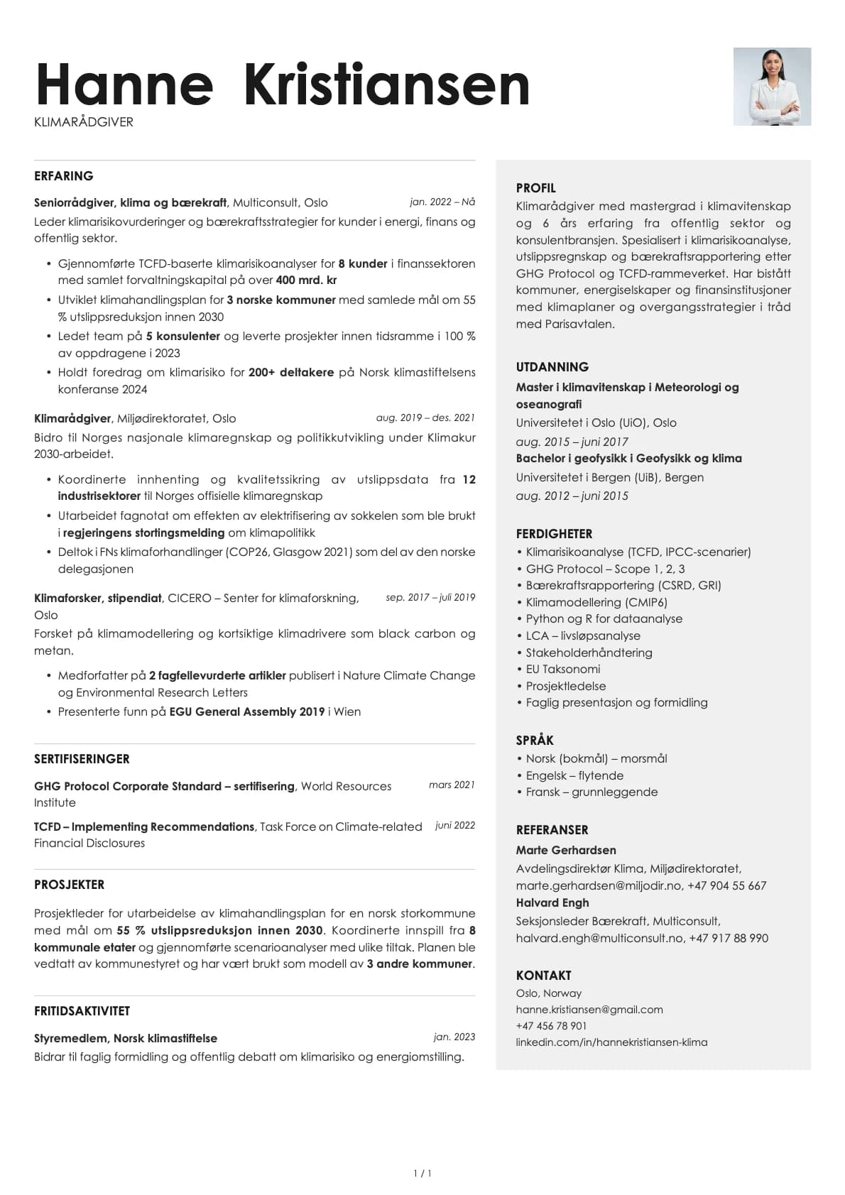 Klimarådgiver resume example