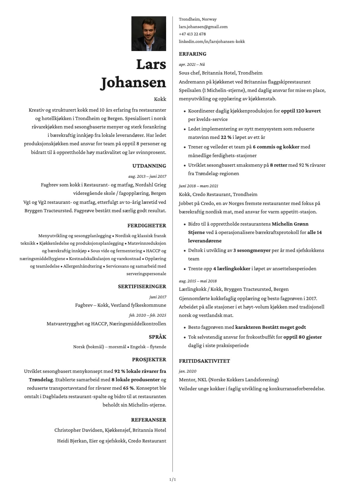 Kokk resume example