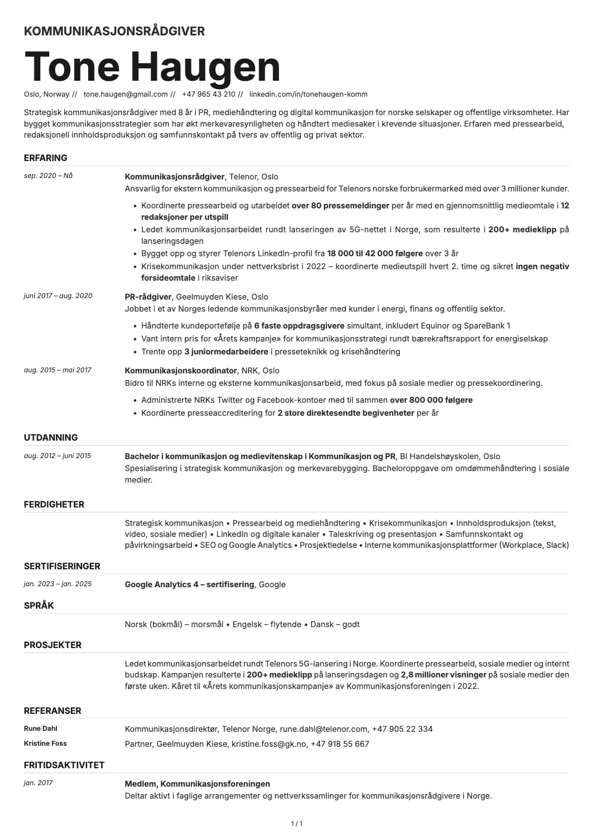 Kommunikasjonsrådgiver resume example