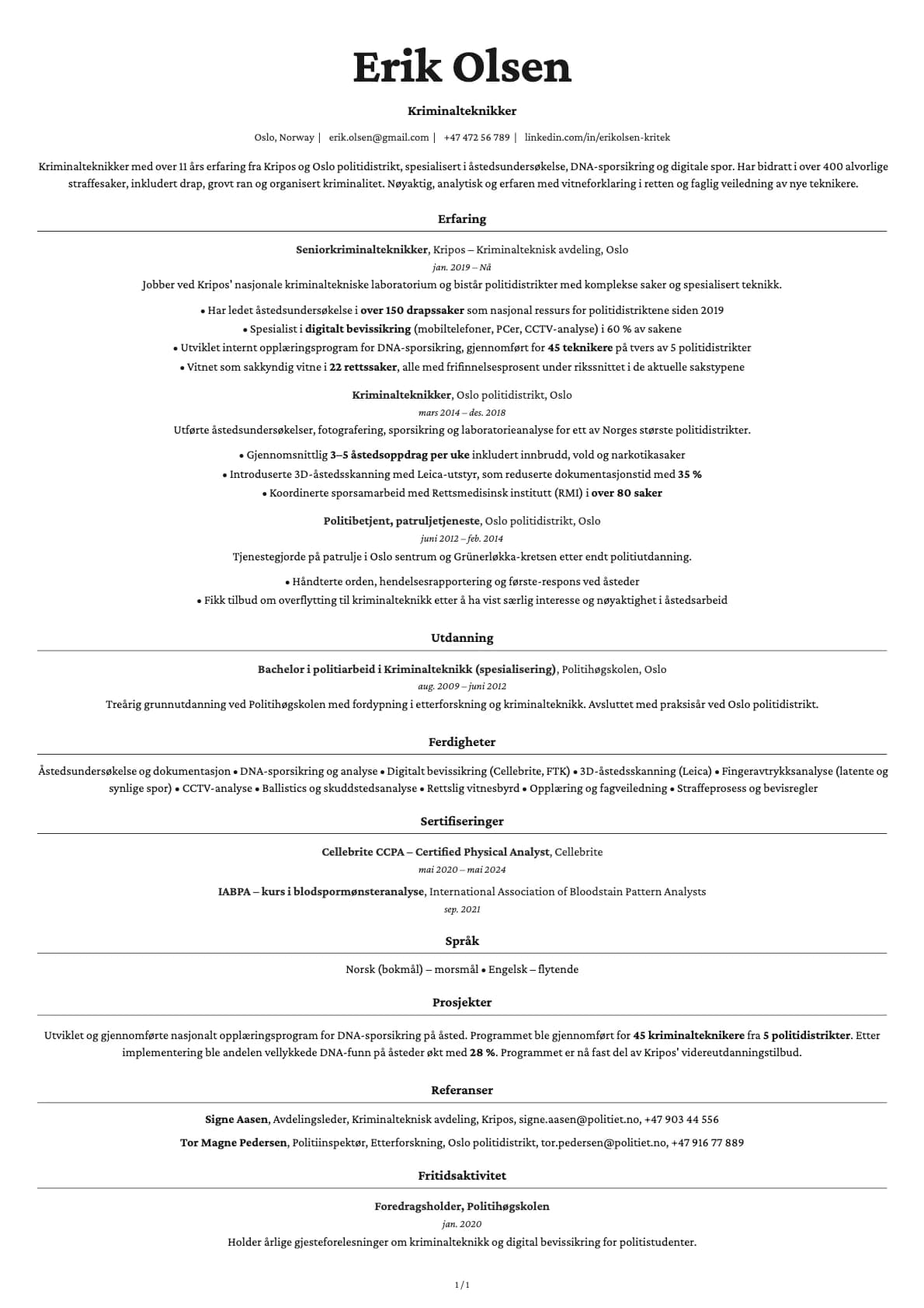 Kriminaltekniker resume example