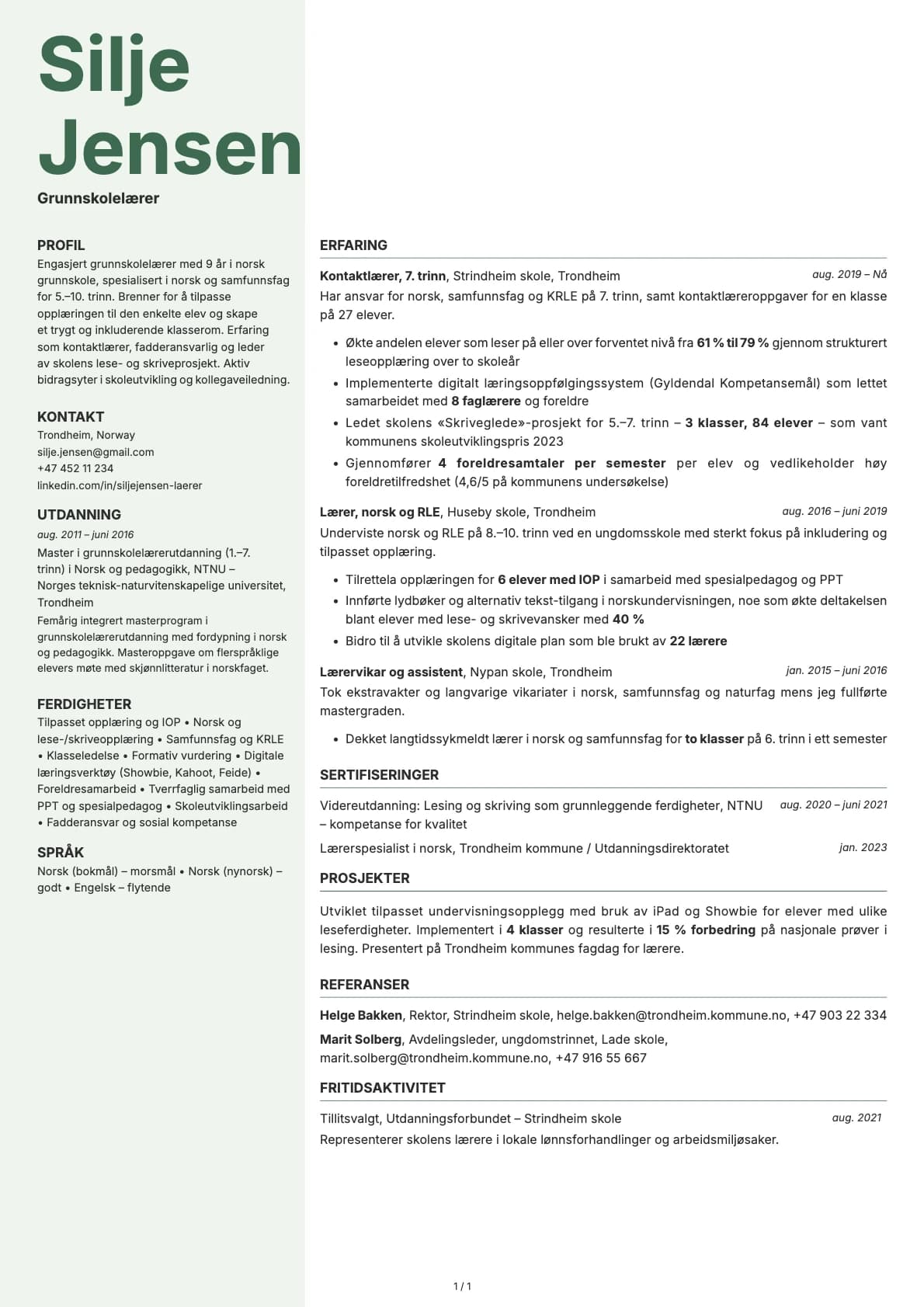 Grunnskolelærer resume example
