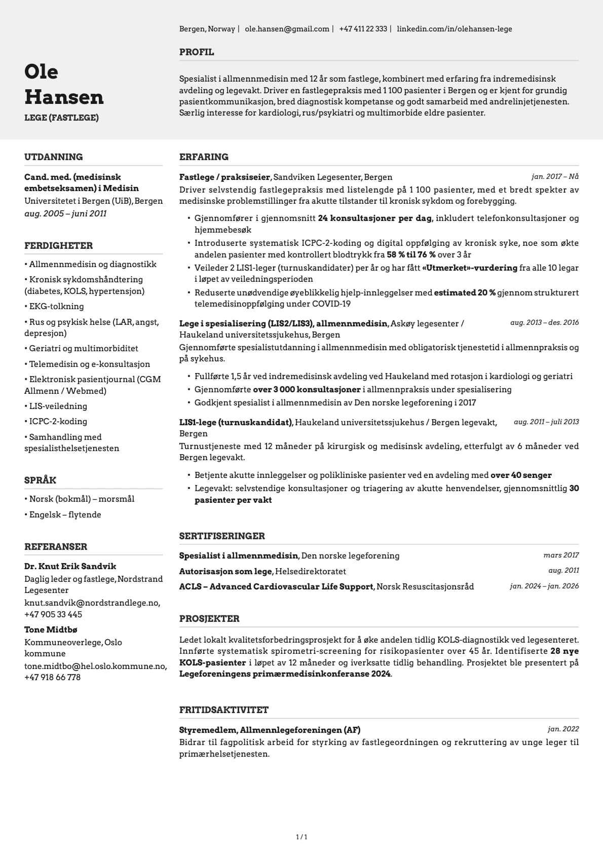 Lege (fastlege) resume example
