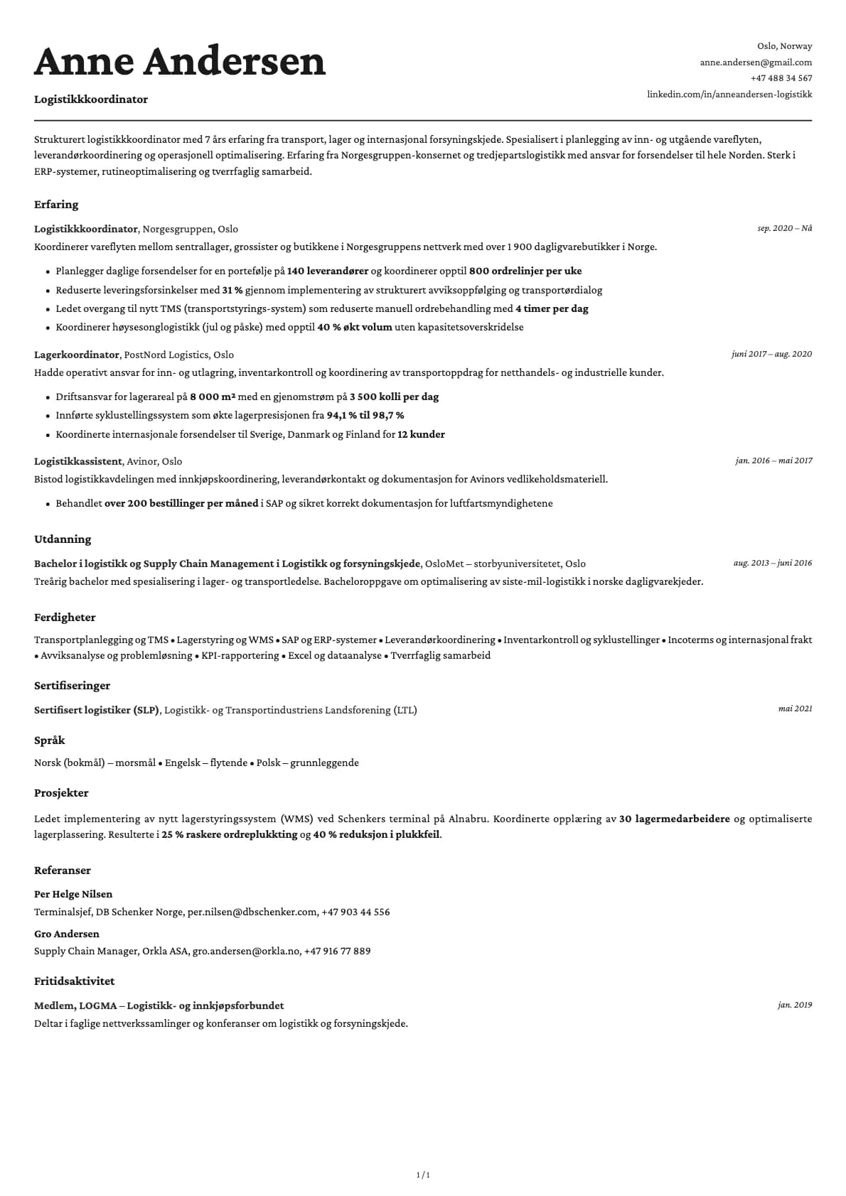 Logistikkkoordinator resume example