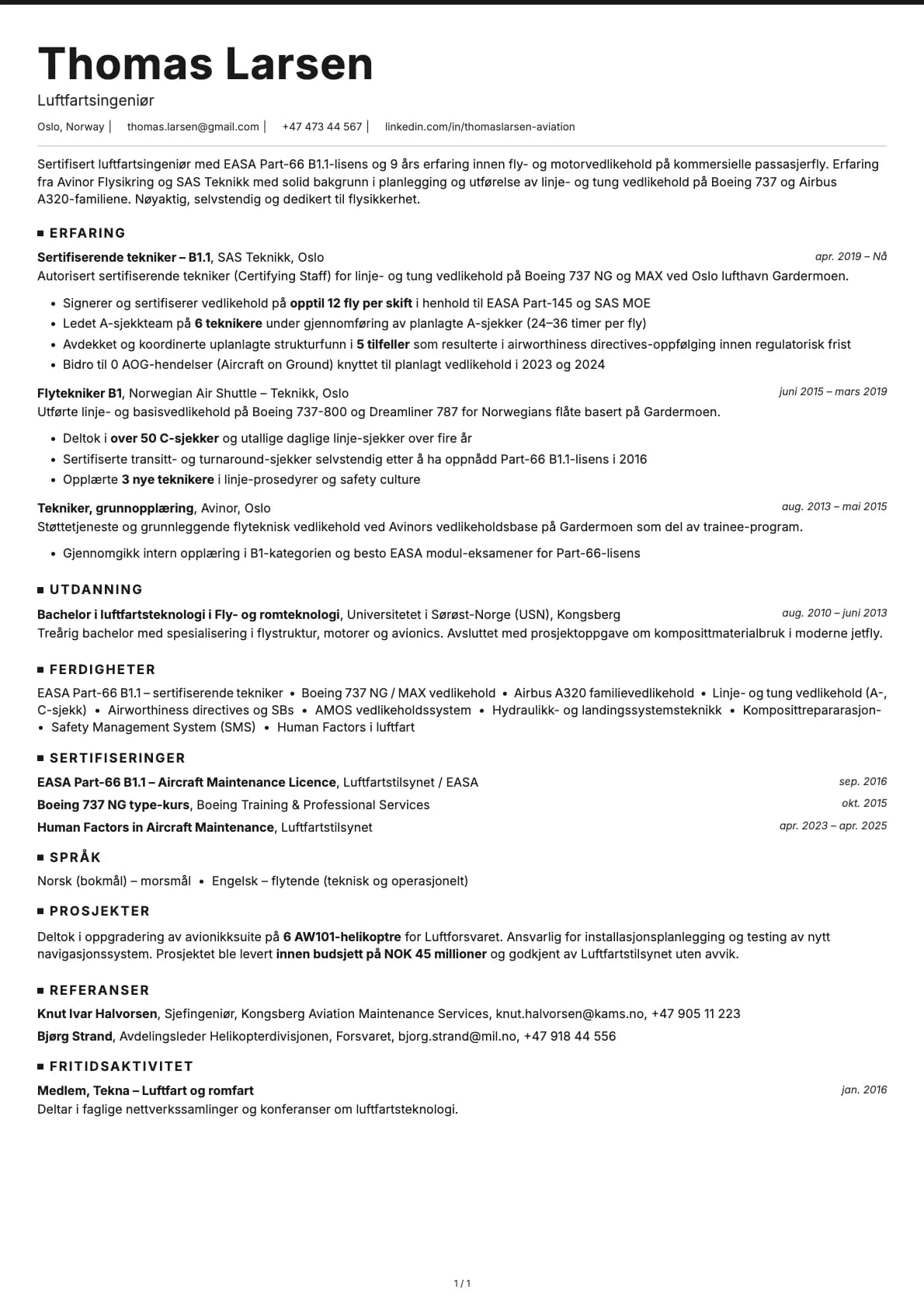 Luftfartsingeniør resume example