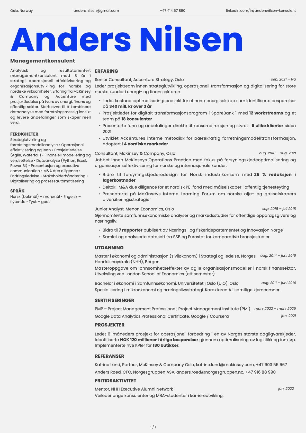 Managementkonsulent resume example
