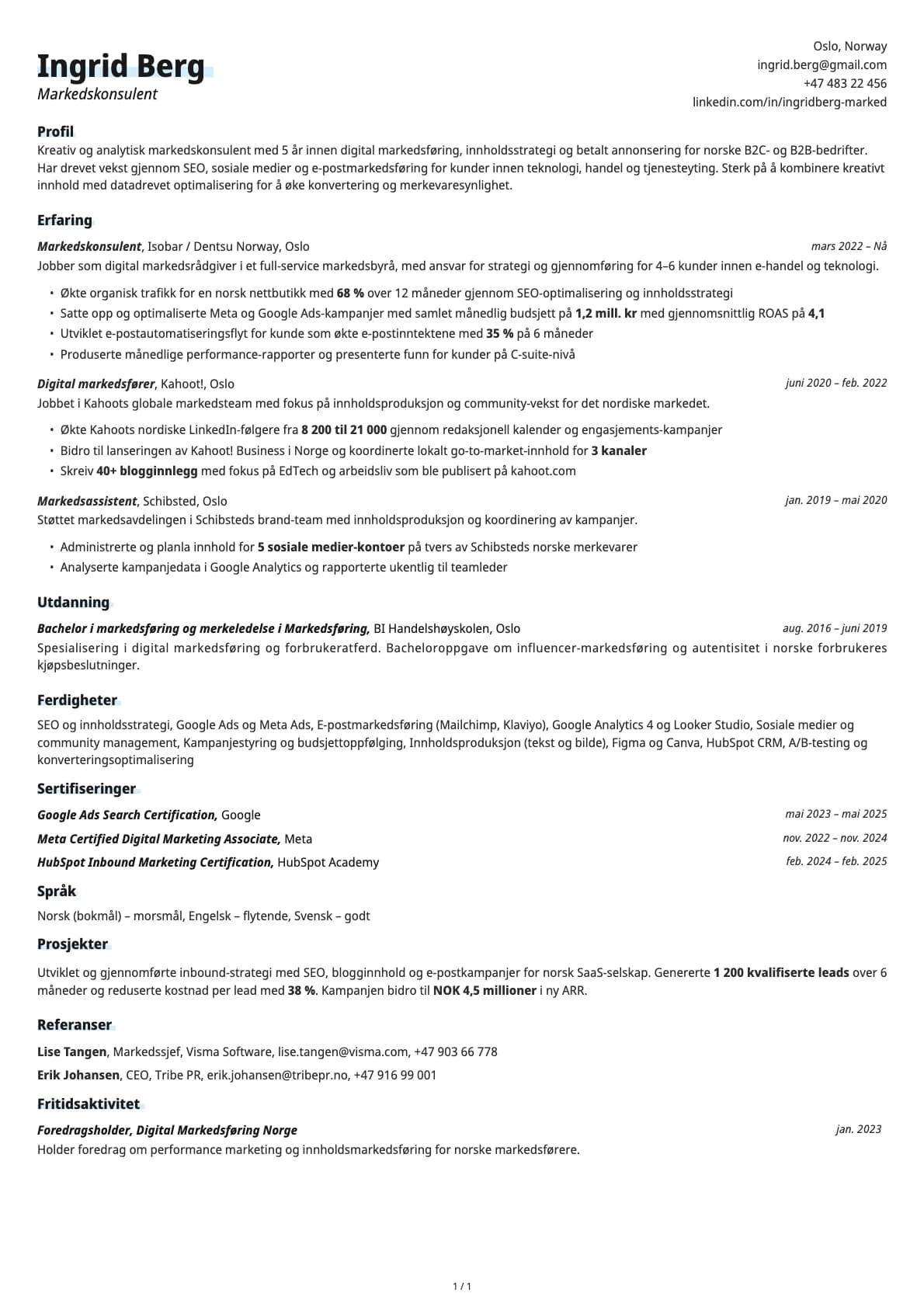 Markedskonsulent resume example