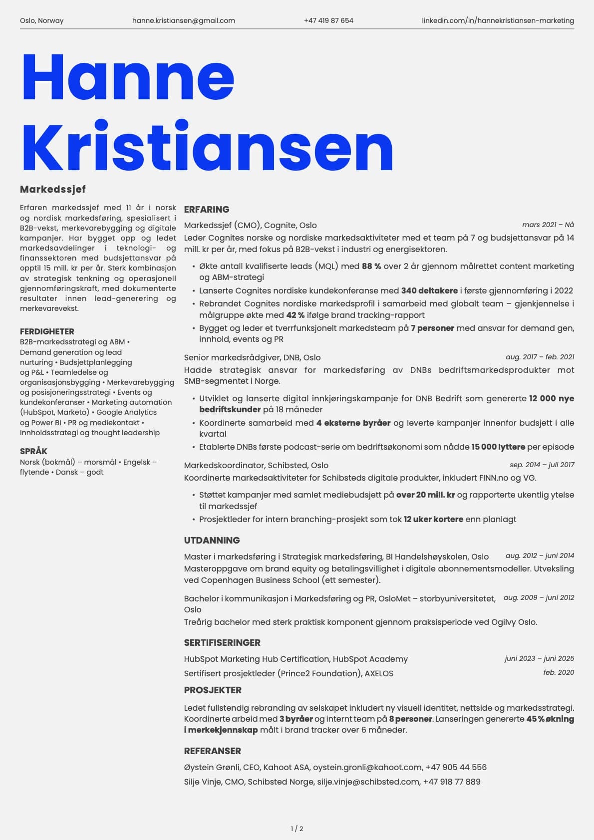 Markedssjef resume example
