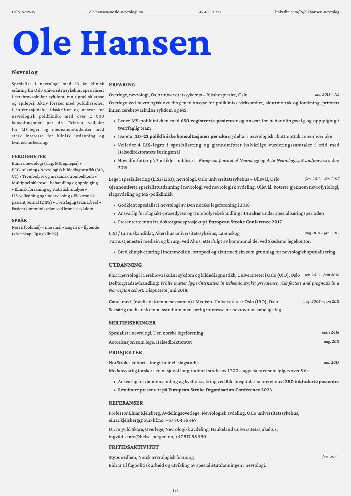 Nevrolog resume example