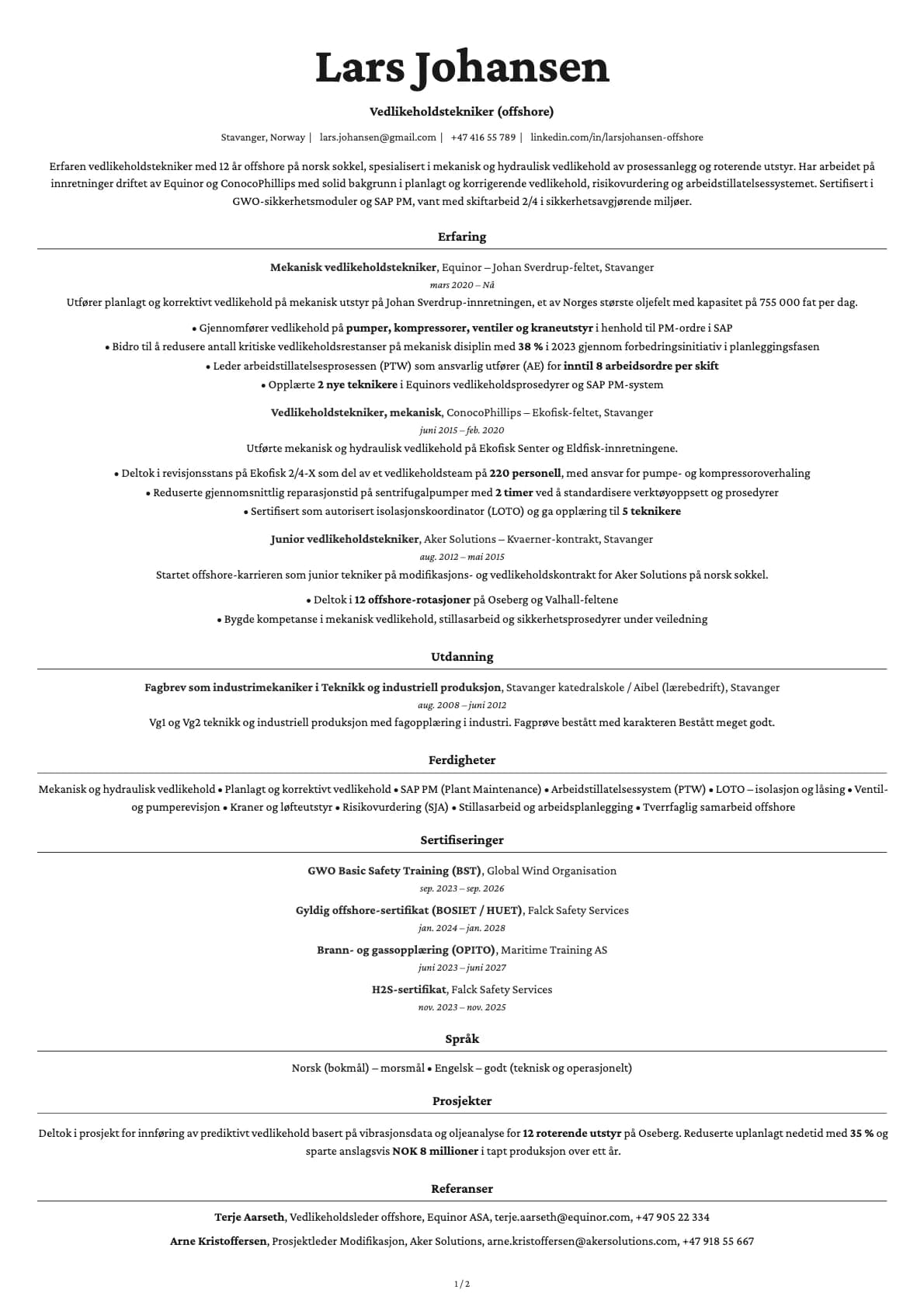 Vedlikeholdstekniker (offshore) resume example