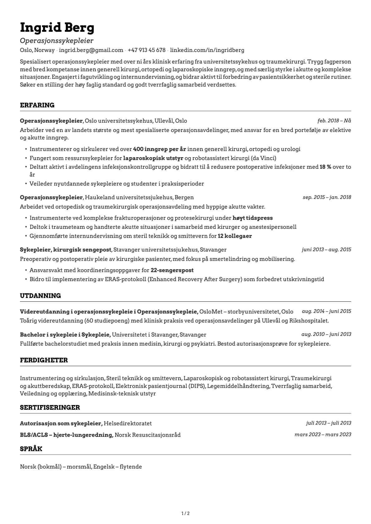 Operasjonssykepleier resume example