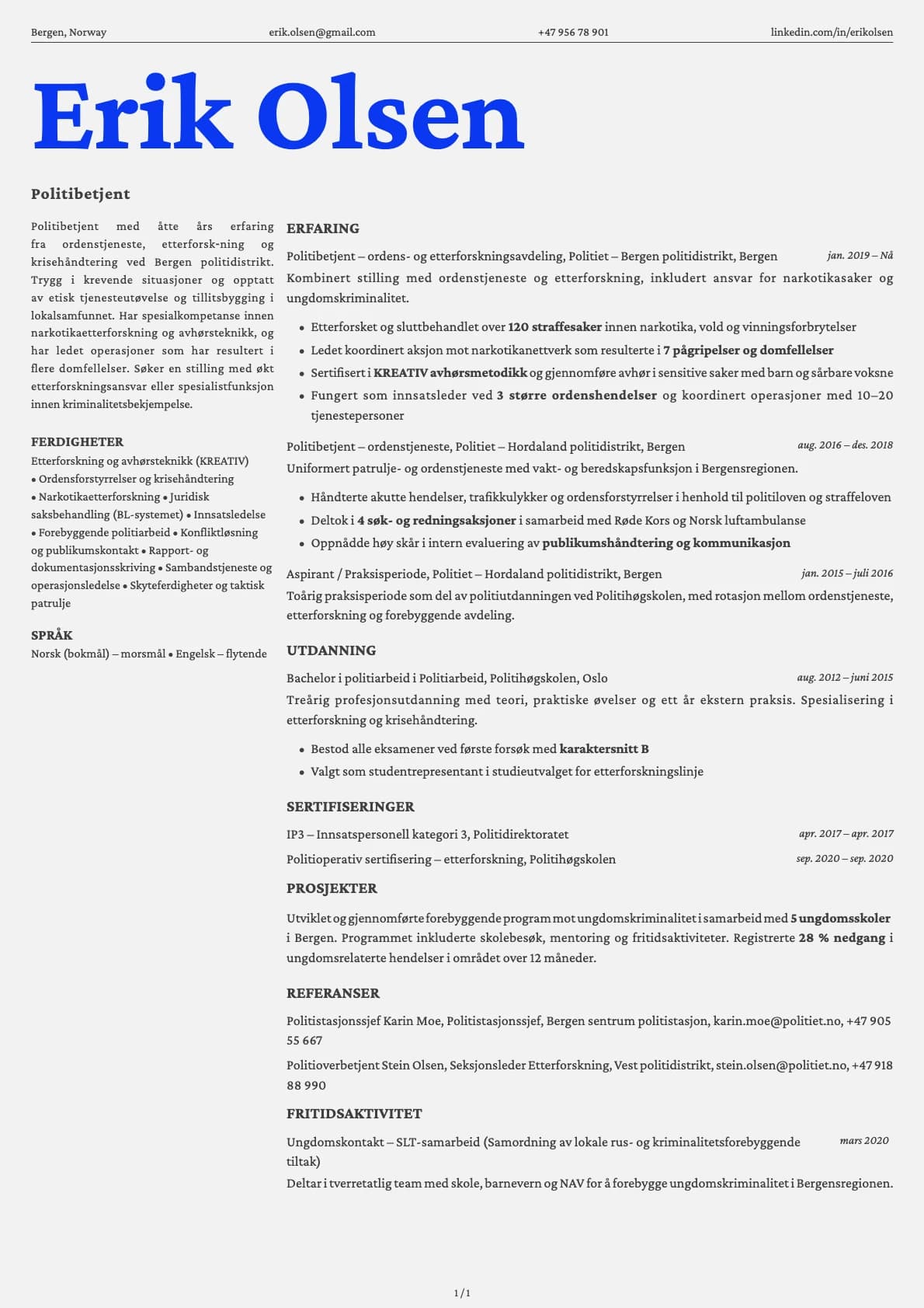 Politibetjent resume example