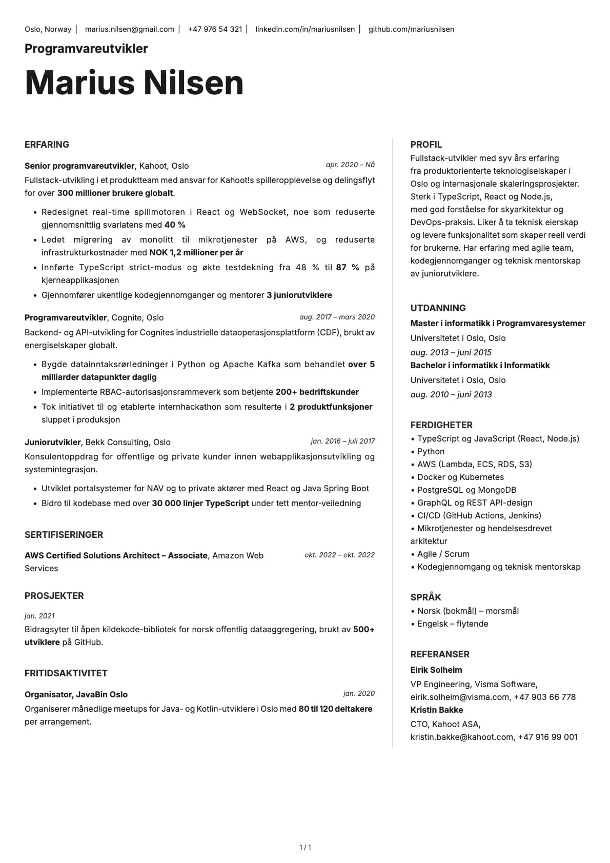 Programvareutvikler resume example