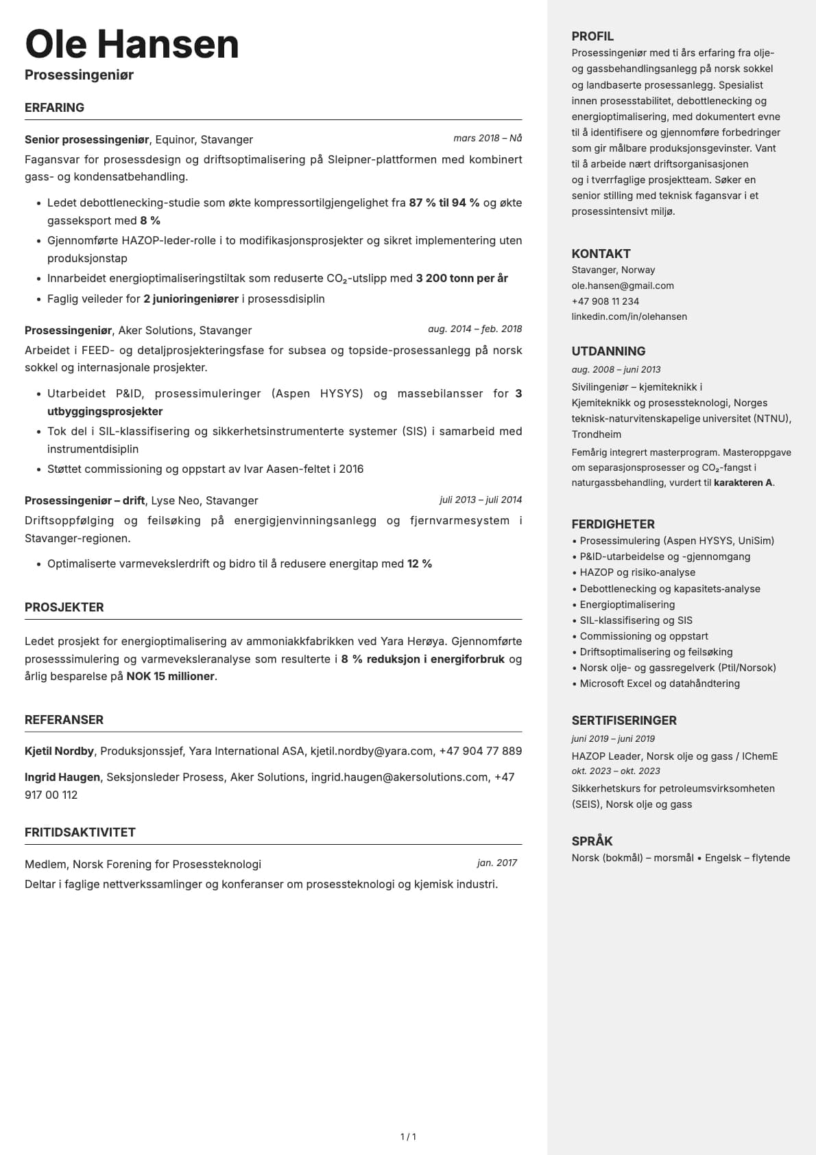 Prosessingeniør resume example