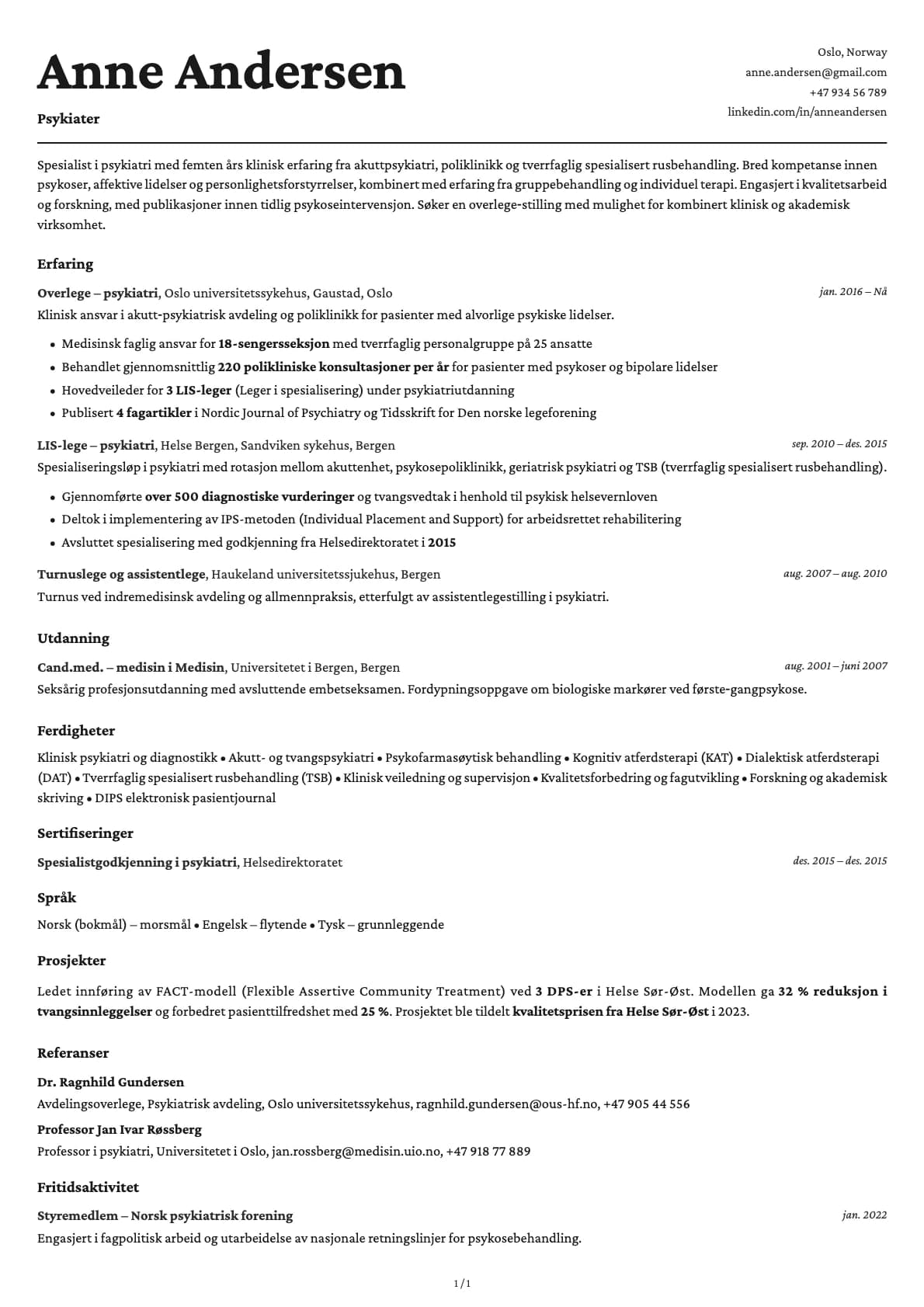 Psykiater resume example