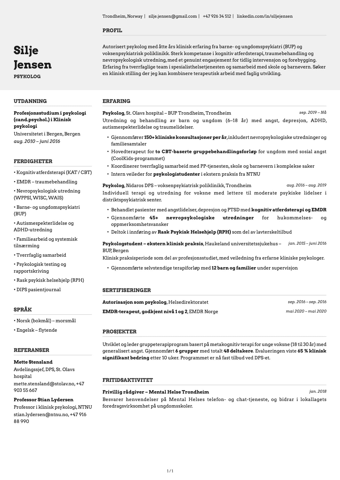 Psykolog resume example