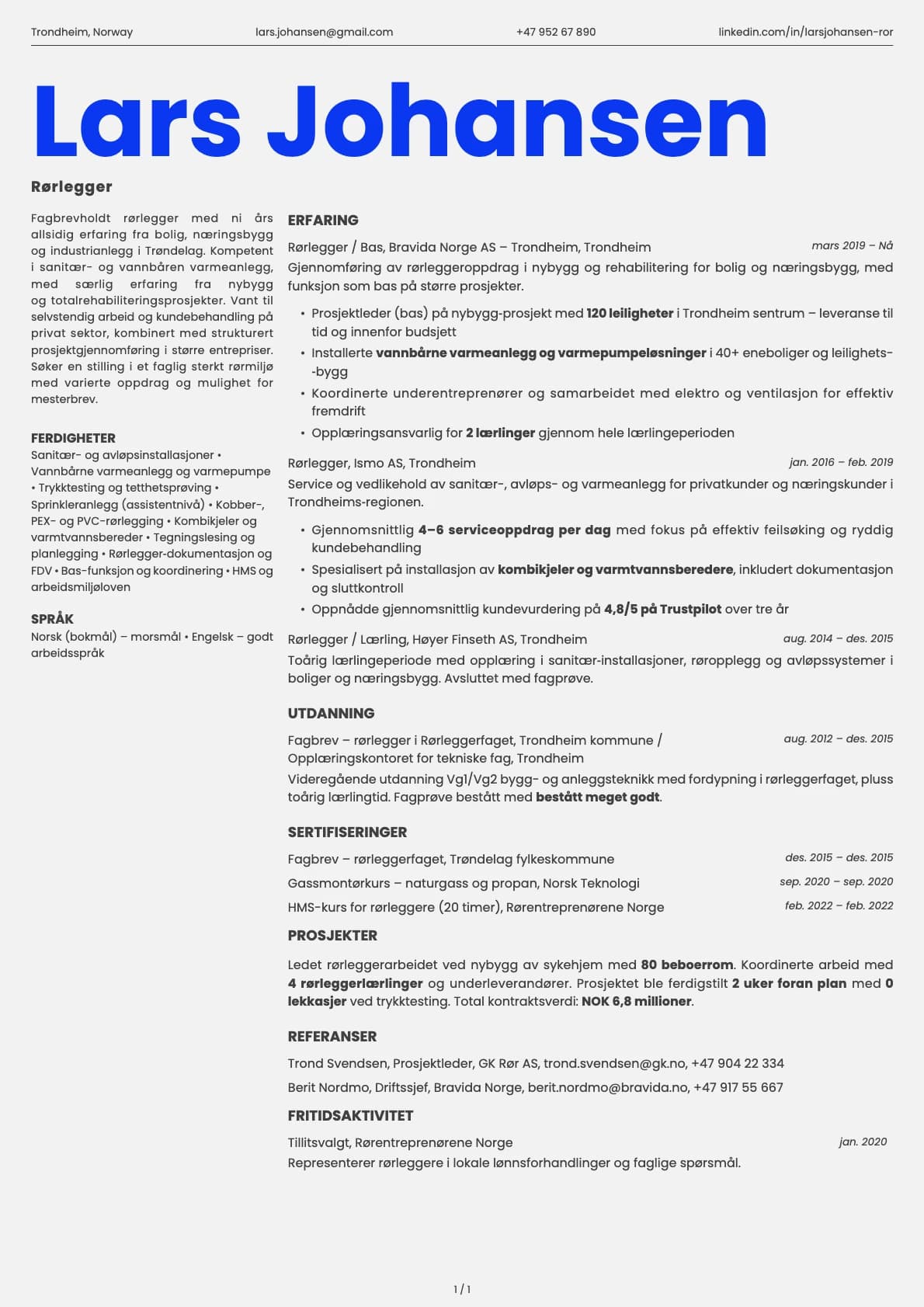 Rørlegger resume example