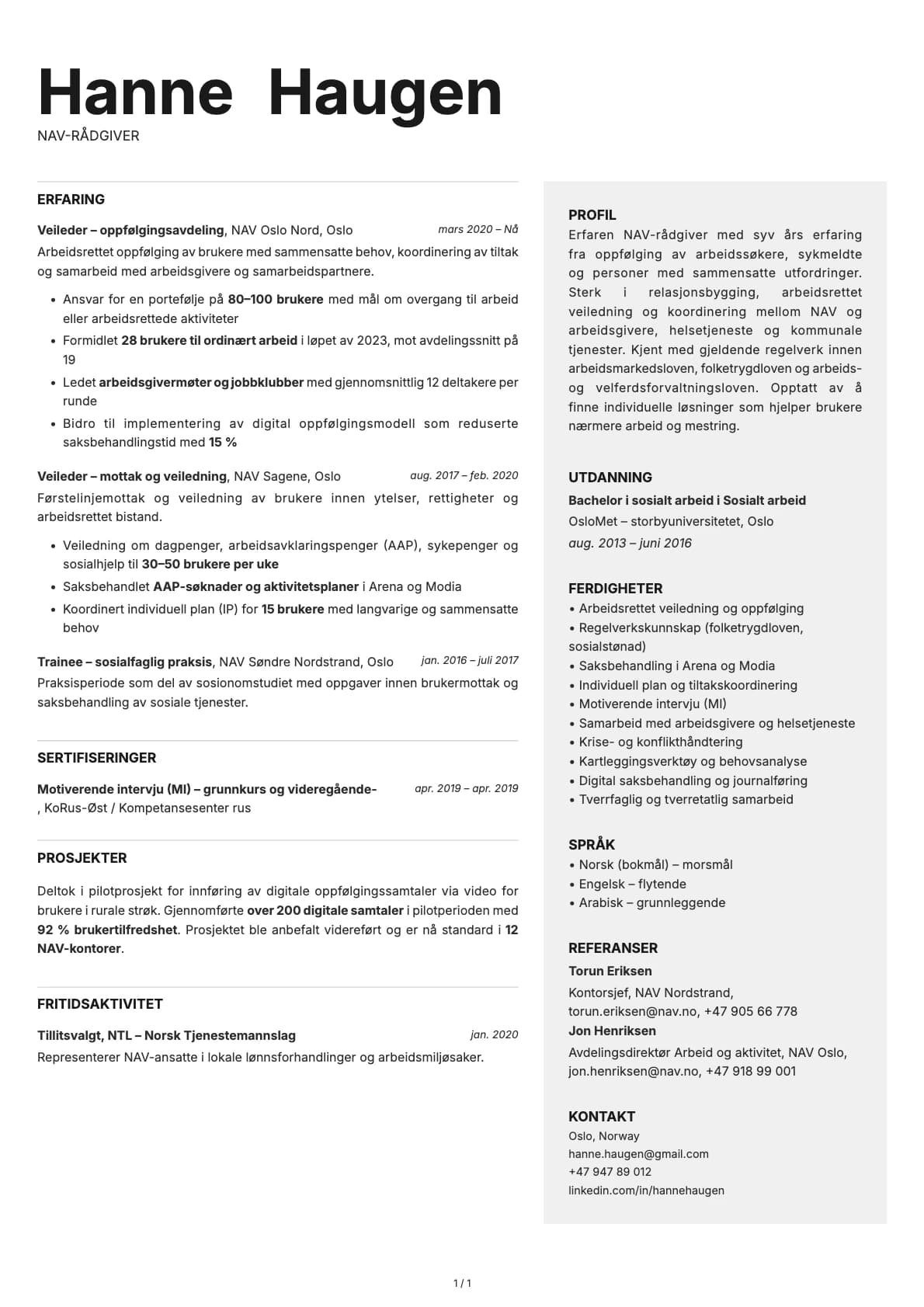 NAV rådgiver resume example