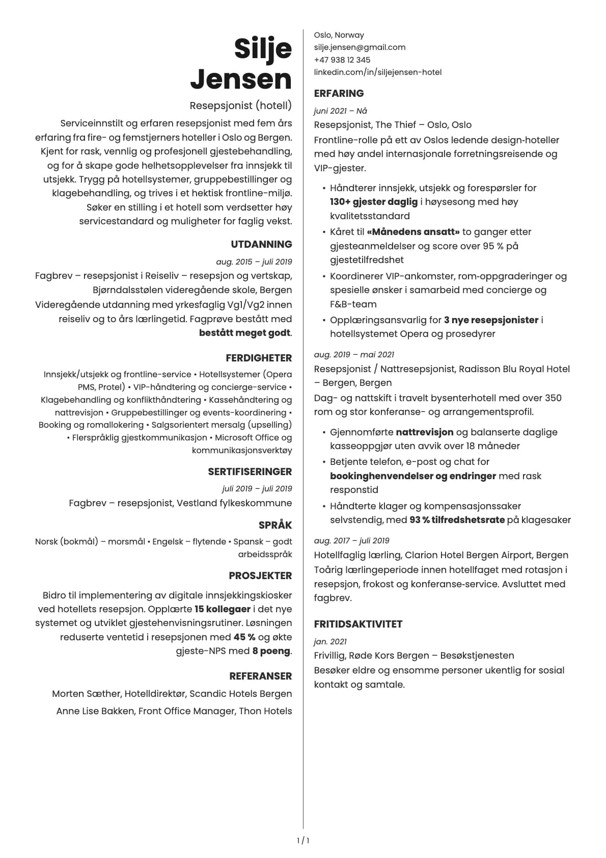 Hotellresepsjonist resume example
