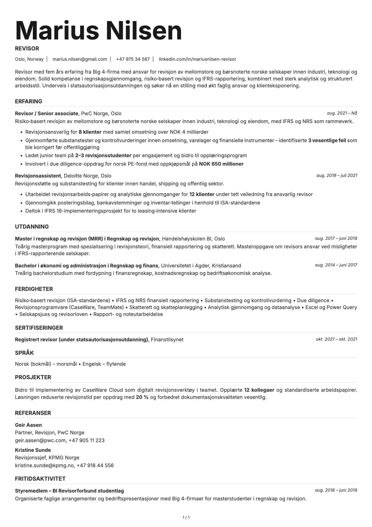 Revisor resume example