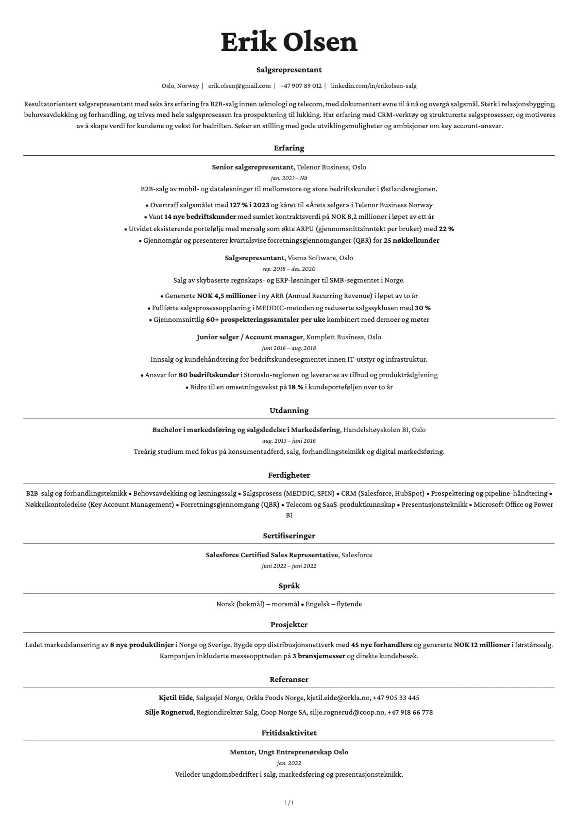Salgsrepresentant resume example