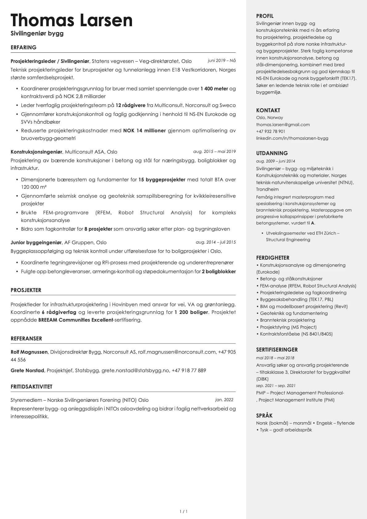 Sivilingeniør bygg resume example